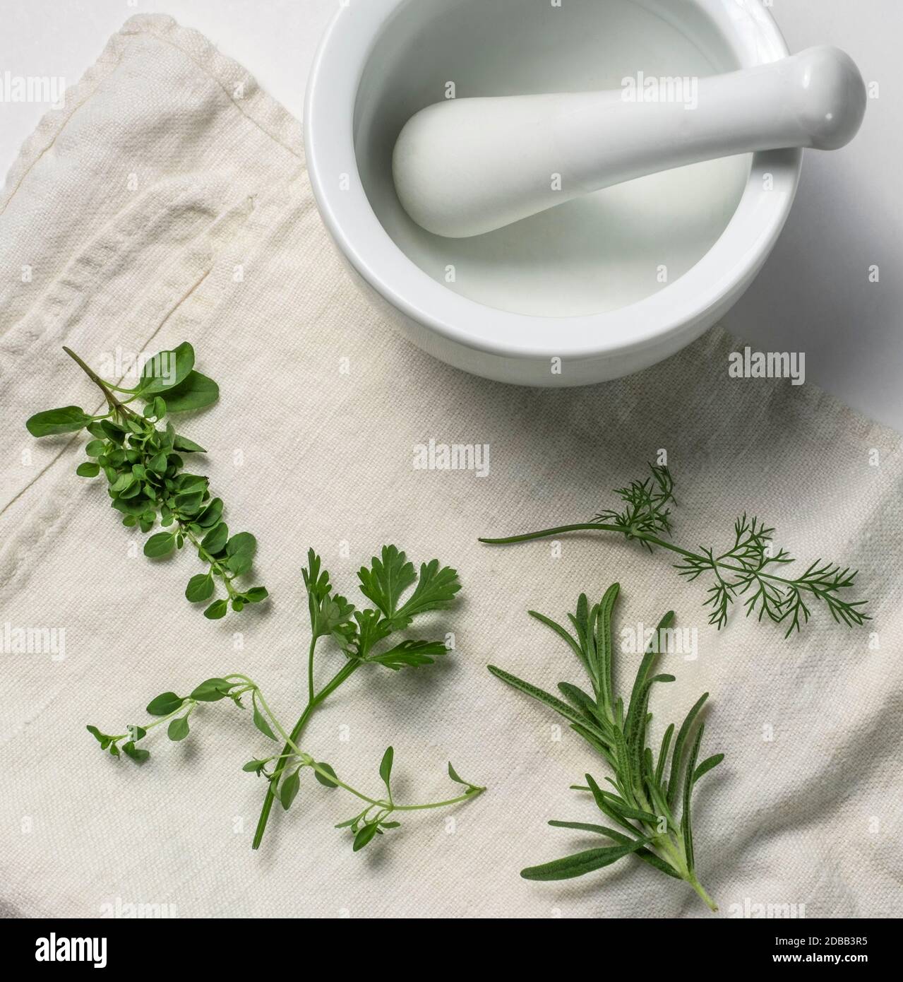 Herbs with mortar and pestle Stock Photo Alamy