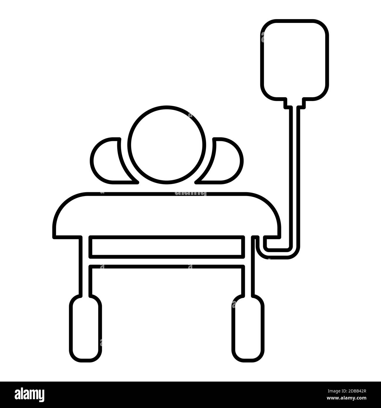 Patient lying on medical bed couch with dropper Man with dropping bottle Emergency therapy concept injecting resuscitation Intensive care icon outline Stock Photo