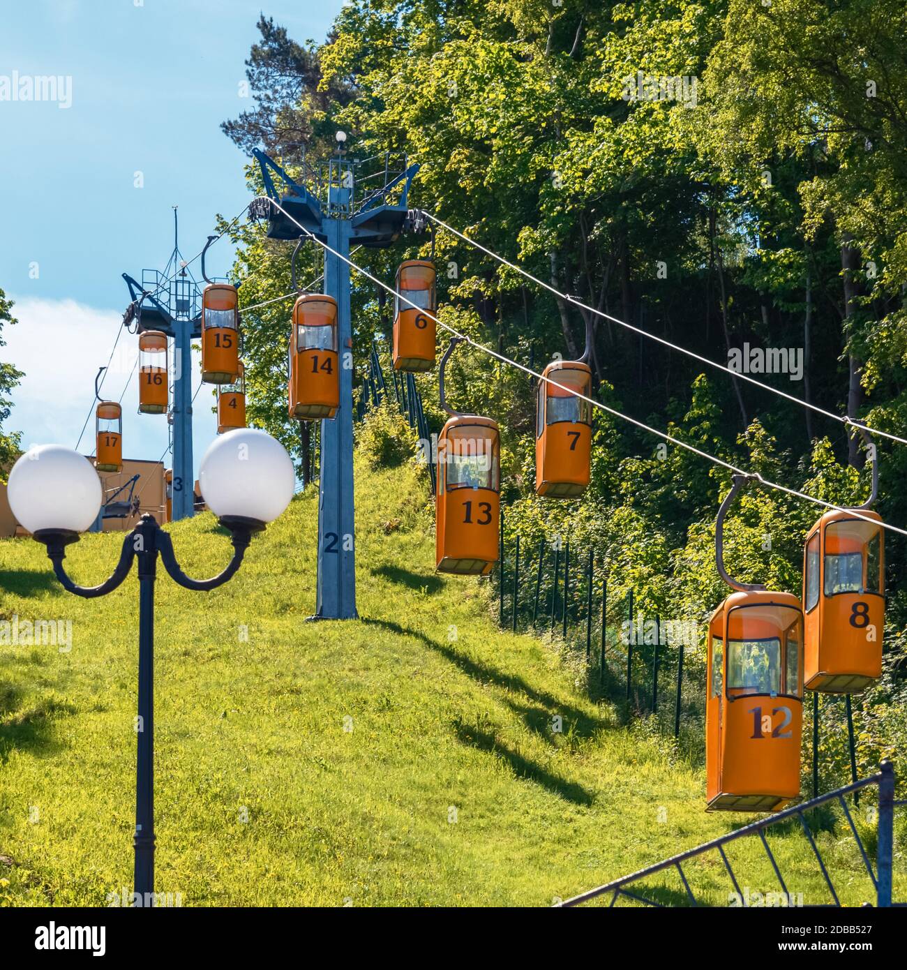 Yellow gondola cabins suspended cable car in the city of Svetlogorsk