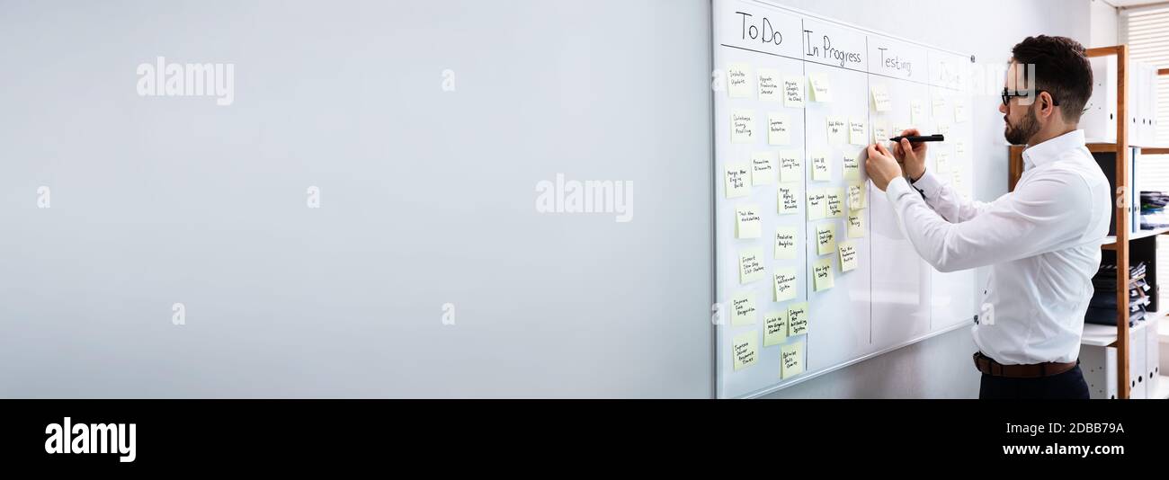 Executive Writing Kanban Plan And Schedule On Whiteboard Stock Photo