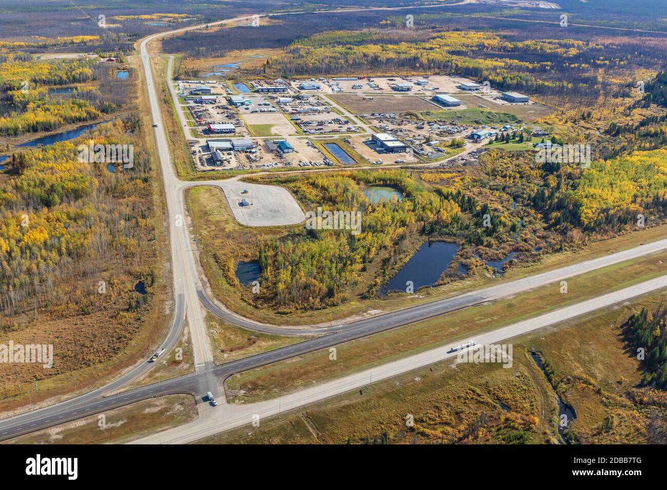 Aerial view of Rickards Landing Industrial and Business Park south of Fort McMurray, Alberta Canada. Stock Photo