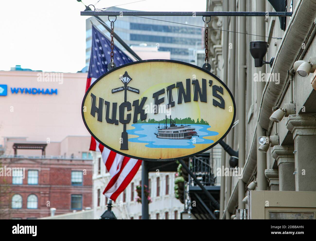 New Orleans, LA - March 27, 2016: A closeup of the sign outside of Huck Finn's restaurant on Decatur street in New Orleans. Stock Photo