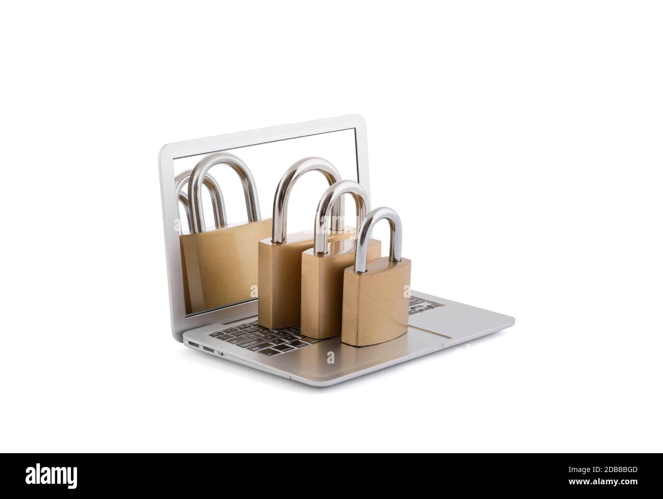 Computer security concept. Three padlocks on laptop isolated on white with clipping path Stock Photo