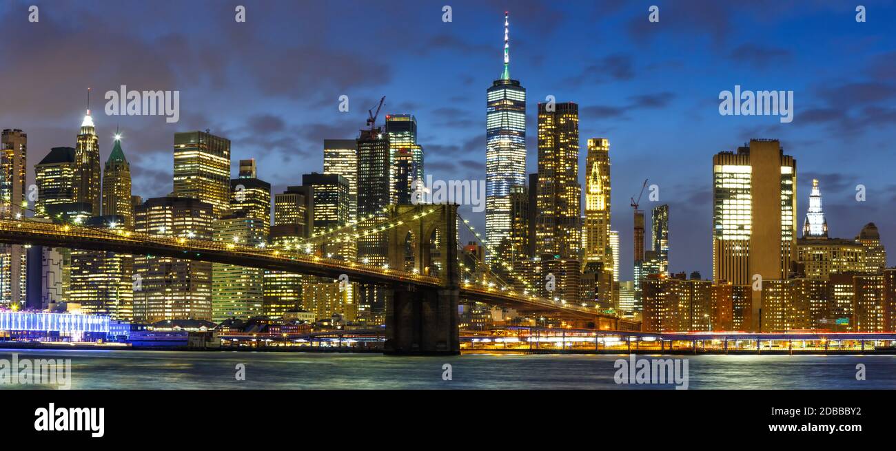 New York City skyline night Manhattan panoramic view Brooklyn Bridge World Trade Center WTC Stock Photo