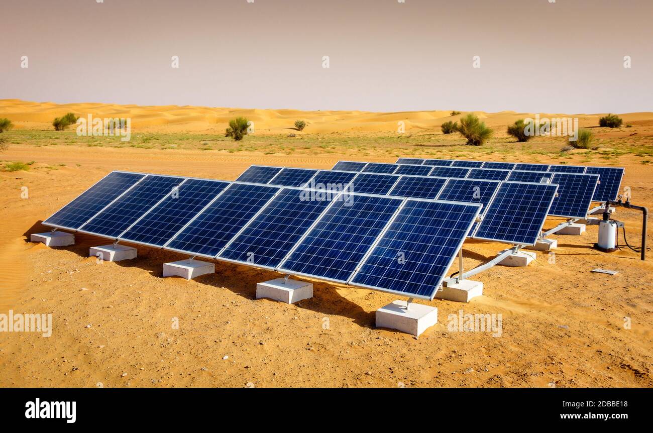 Solar panels in Dubai Desert Conservation Reserve, UAE Stock Photo Alamy