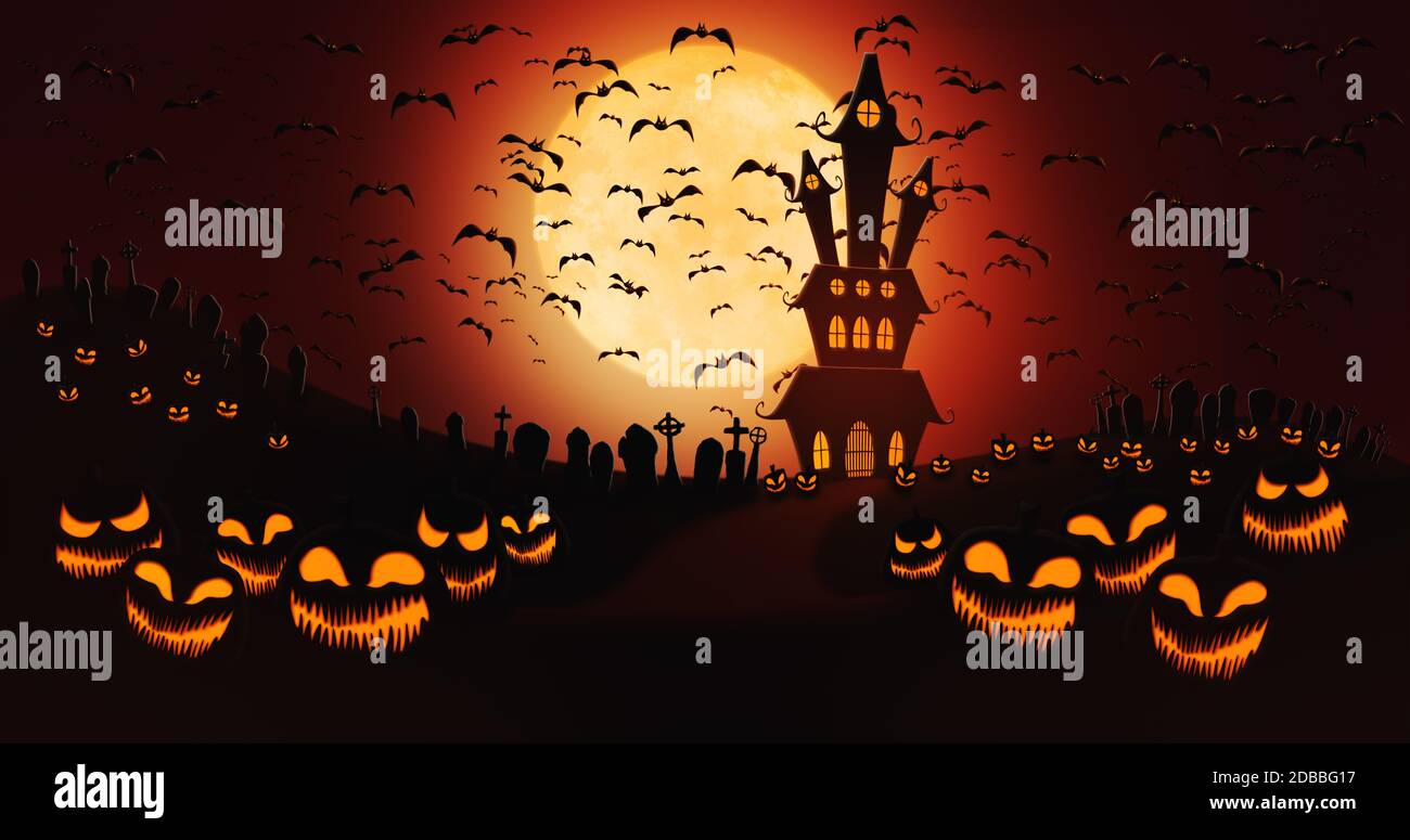 Halloween Pumpkins at Cemetery with Bats Flying Against Full Moon Sky ...