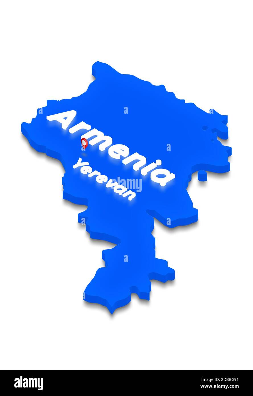 Illustration of a blue ground map of Armenia on white isolated background. Left 3D isometric perspective projection with the lighting name of country Stock Photo
