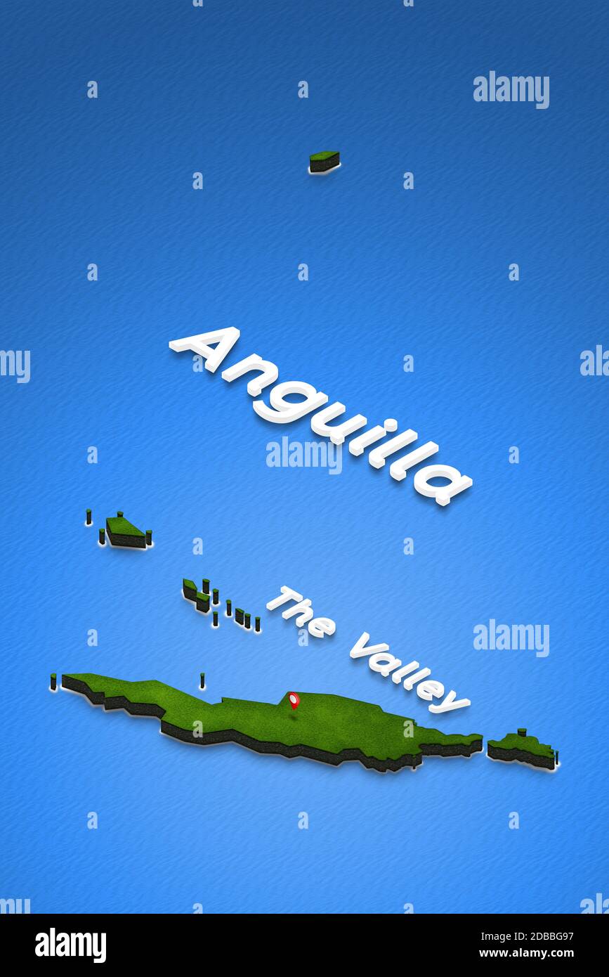 Illustration Of A Green Ground Map Of Anguilla On Water Background Left 3d Isometric Perspective Projection With The Name Of Country And Capital The Stock Photo Alamy