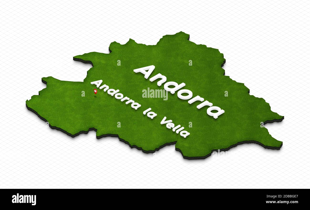 Illustration of a green ground map of Andorra on grid background. Left