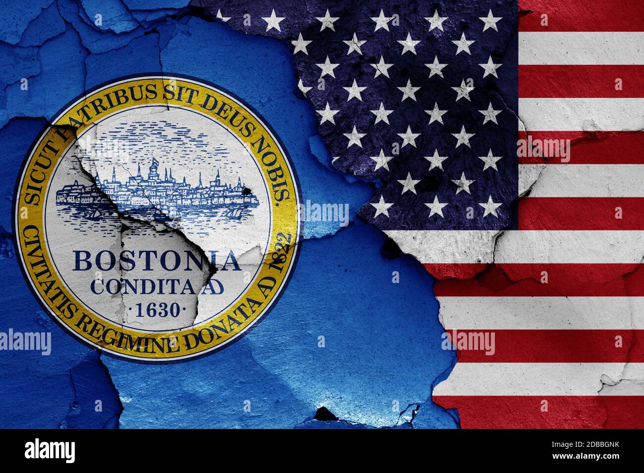 flags of Boston and USA painted on cracked wall Stock Photo Alamy