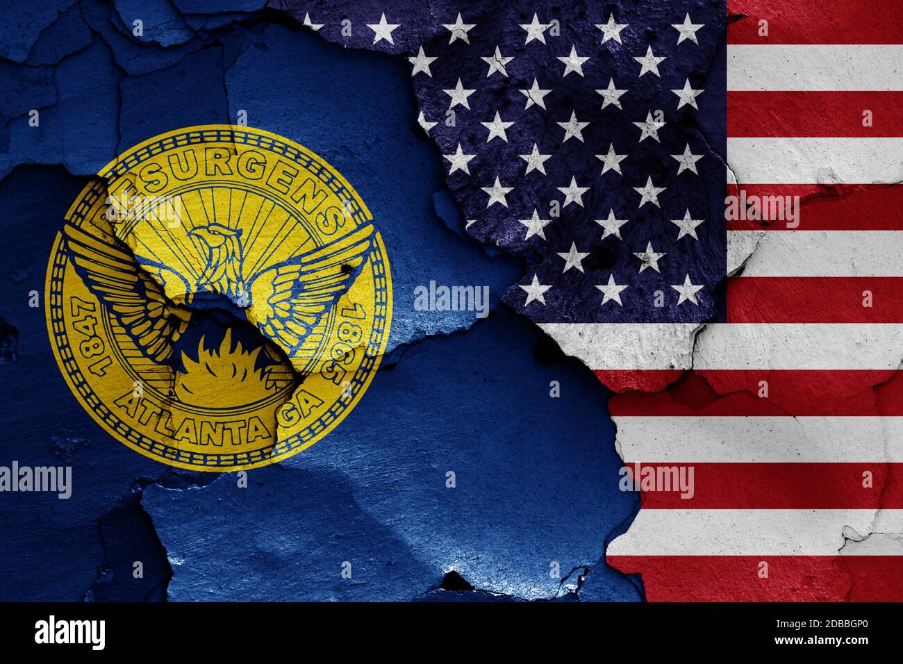 flags of Atlanta and USA painted on cracked wall Stock Photo Alamy