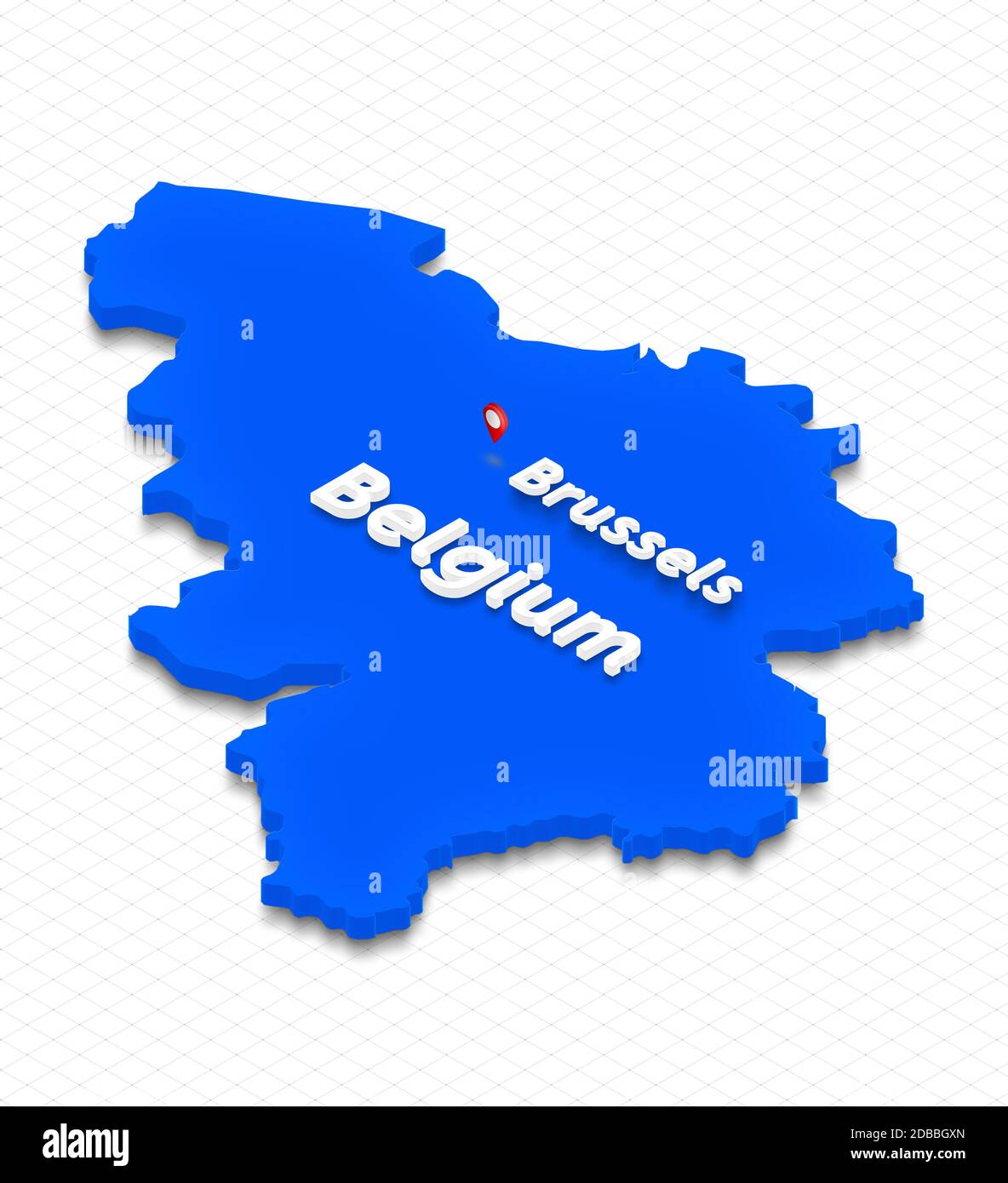 Illustration of a blue ground map of Belgium on grid background. Left 3D isometric perspective projection with the name of country and capital Brussel Stock Photo