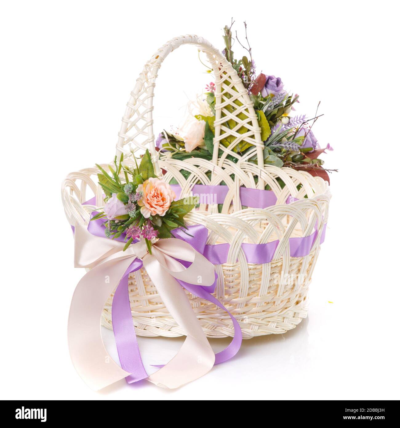 Easter white basket decorated in Provence style with delicate flowers ...