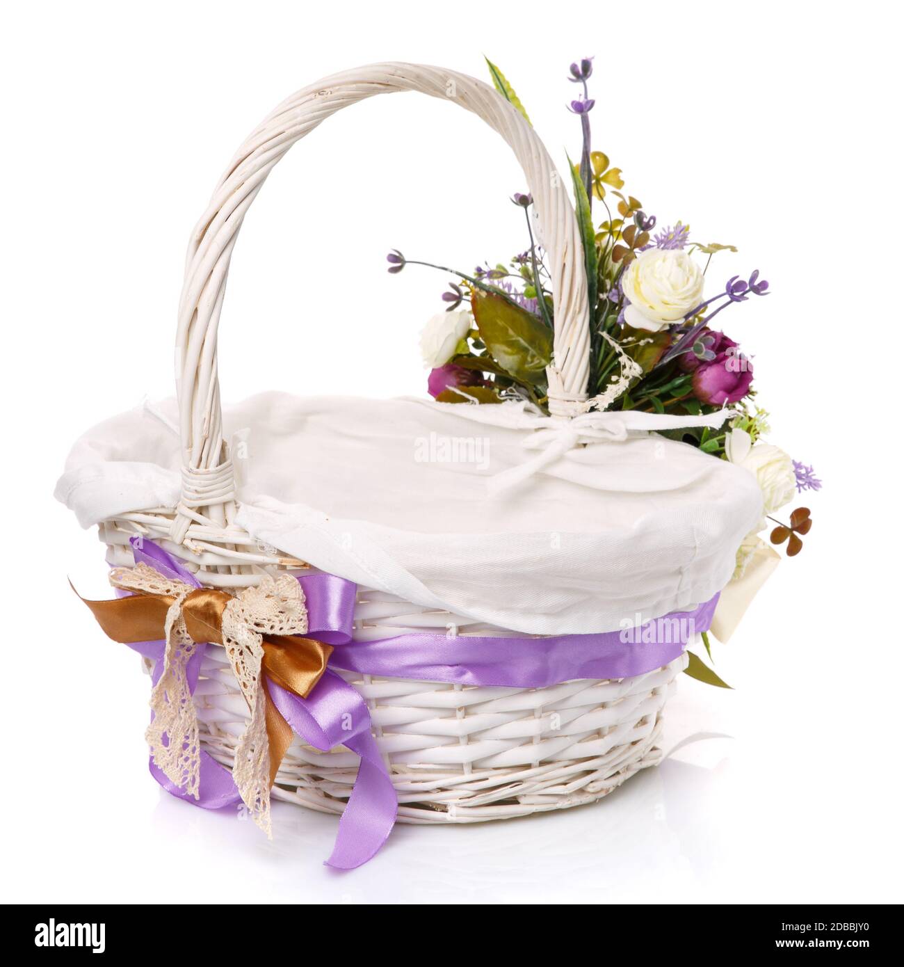 Wicker basket for Easter celebration. Color ribbon bow and lace and ...