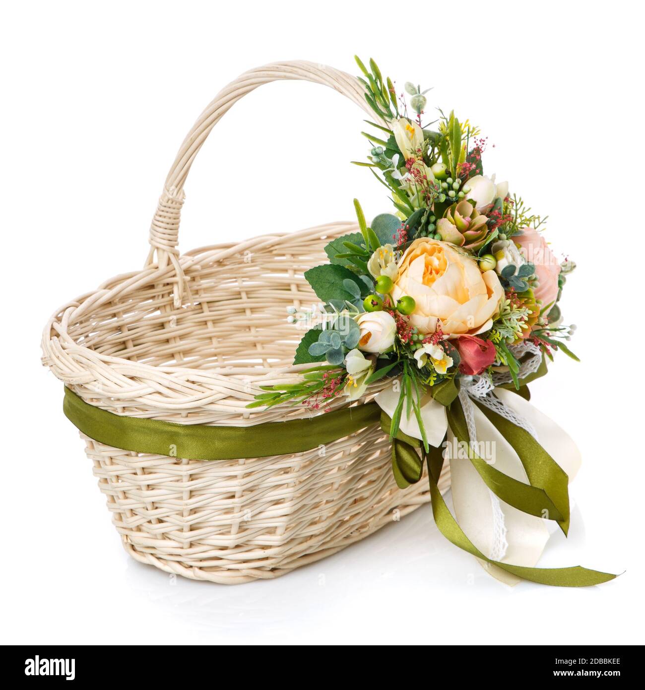 Wicker basket decorated with flowers on white background. Isolated ...