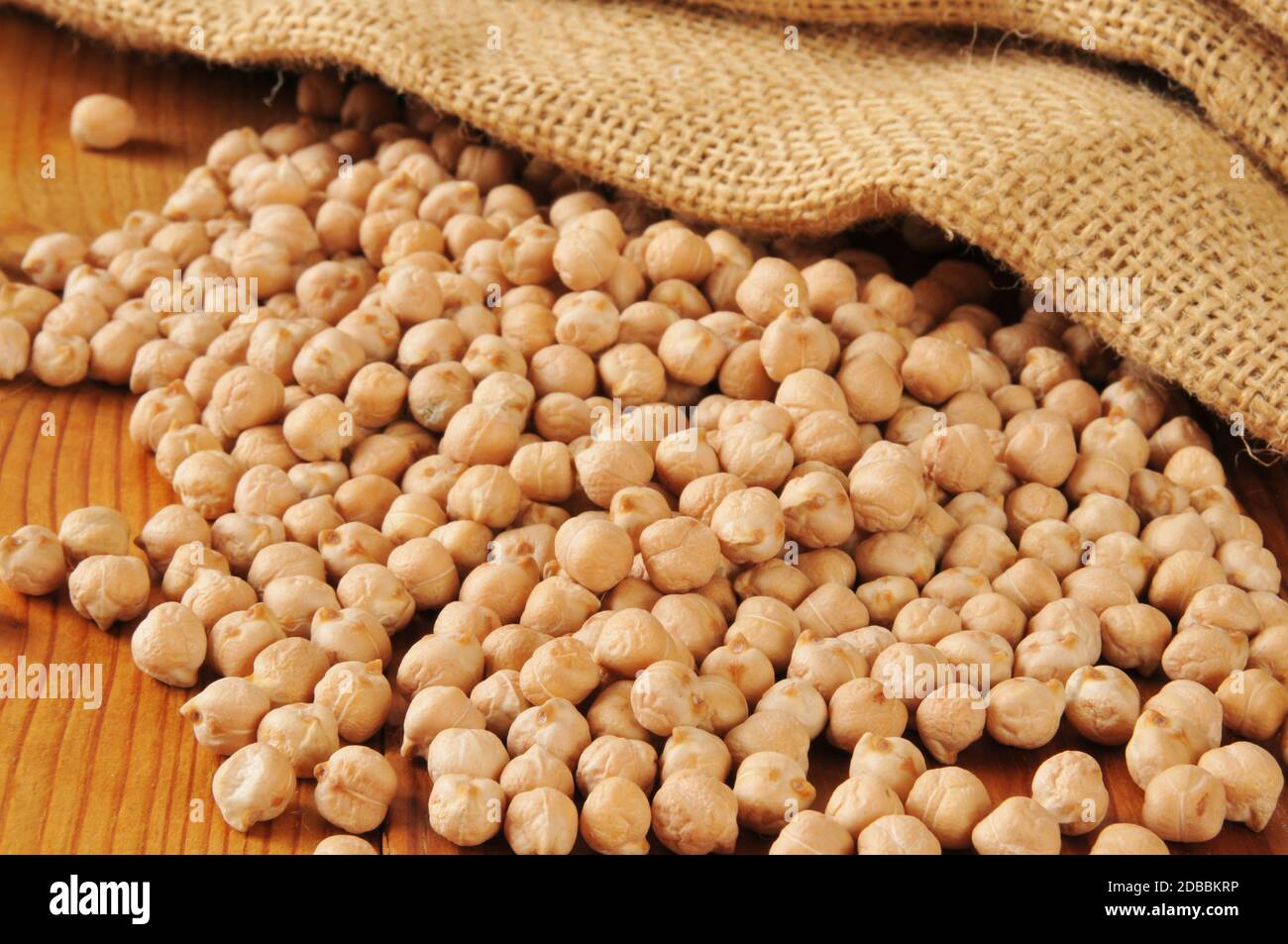Organic dried garbanzo beans spilling out of a burlap bag Stock Photo