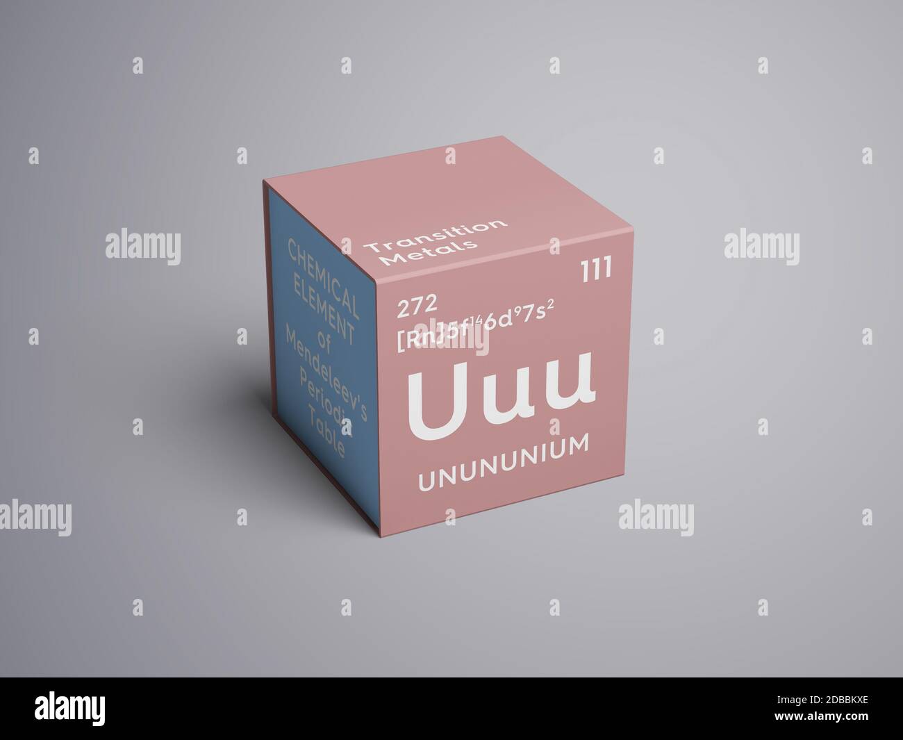 Unununium. Transition metals. Chemical Element of Mendeleev's Periodic Table. Unununium in square cube creative concept. 3D illustration. Stock Photo