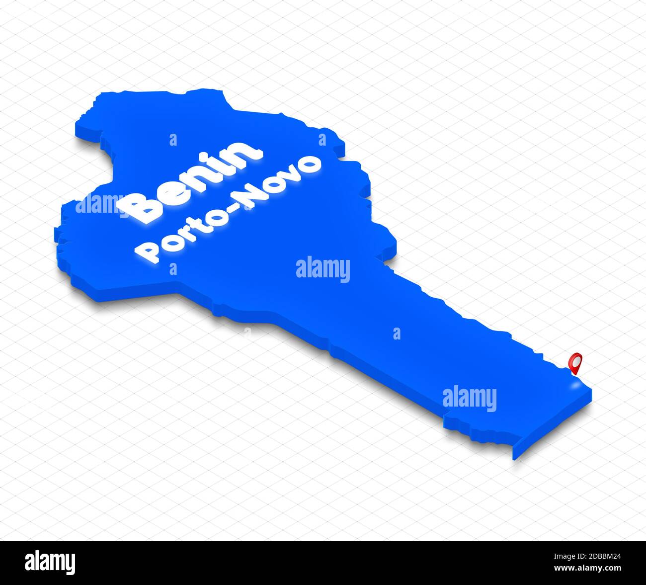 Illustration of a blue ground map of Benin on grid background. Right 3D isometric perspective projection with the name of country and capital Porto-No Stock Photo