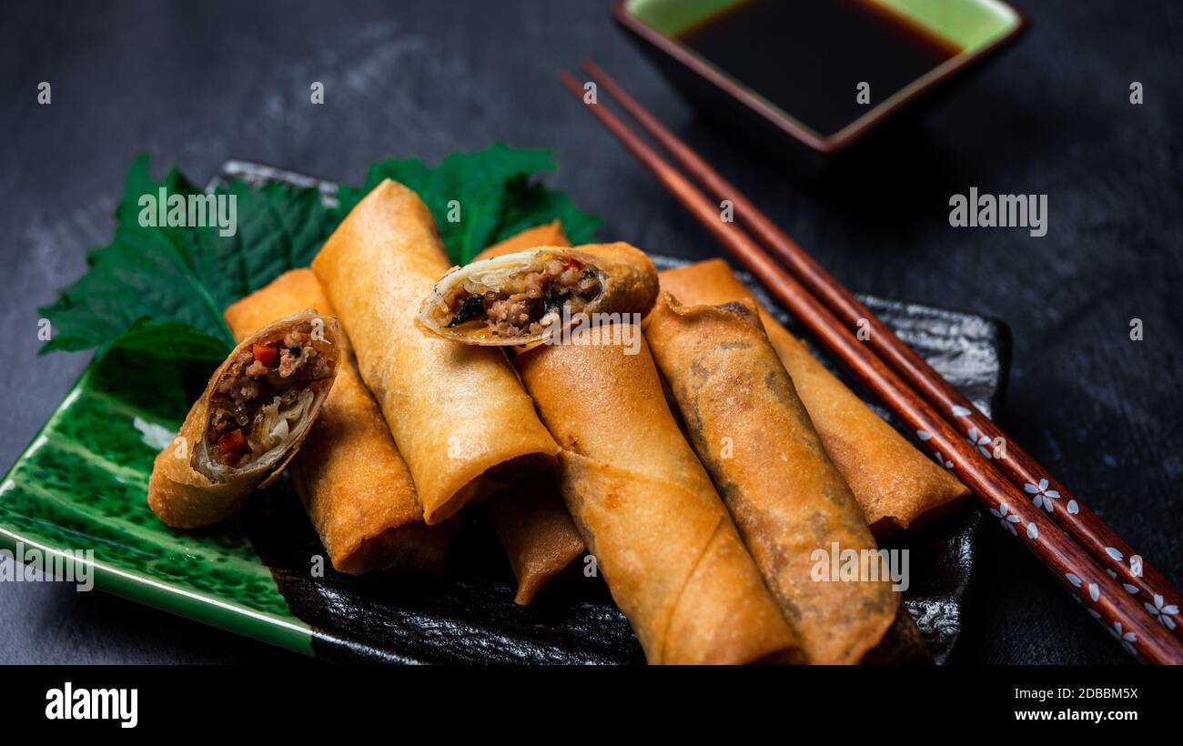 Asian spring rolls with shiso Stock Photo