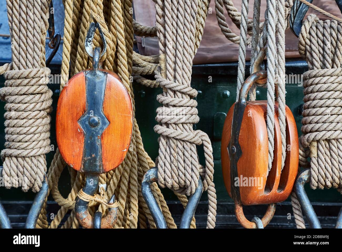 Old sailing ship rigging details, ropes and pulleys Stock Photo Alamy