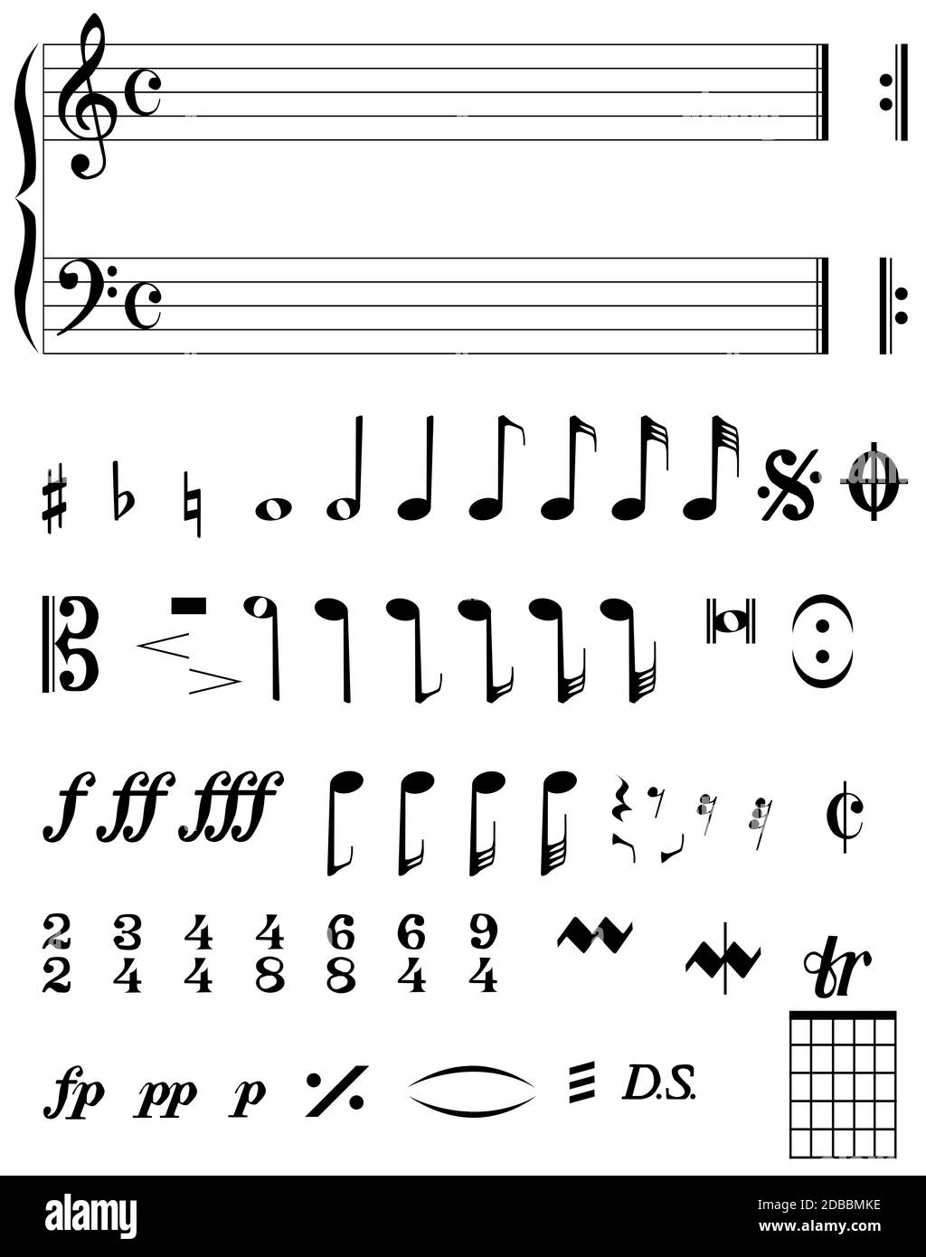 A selection of musical notes and symbols. Stock Photo