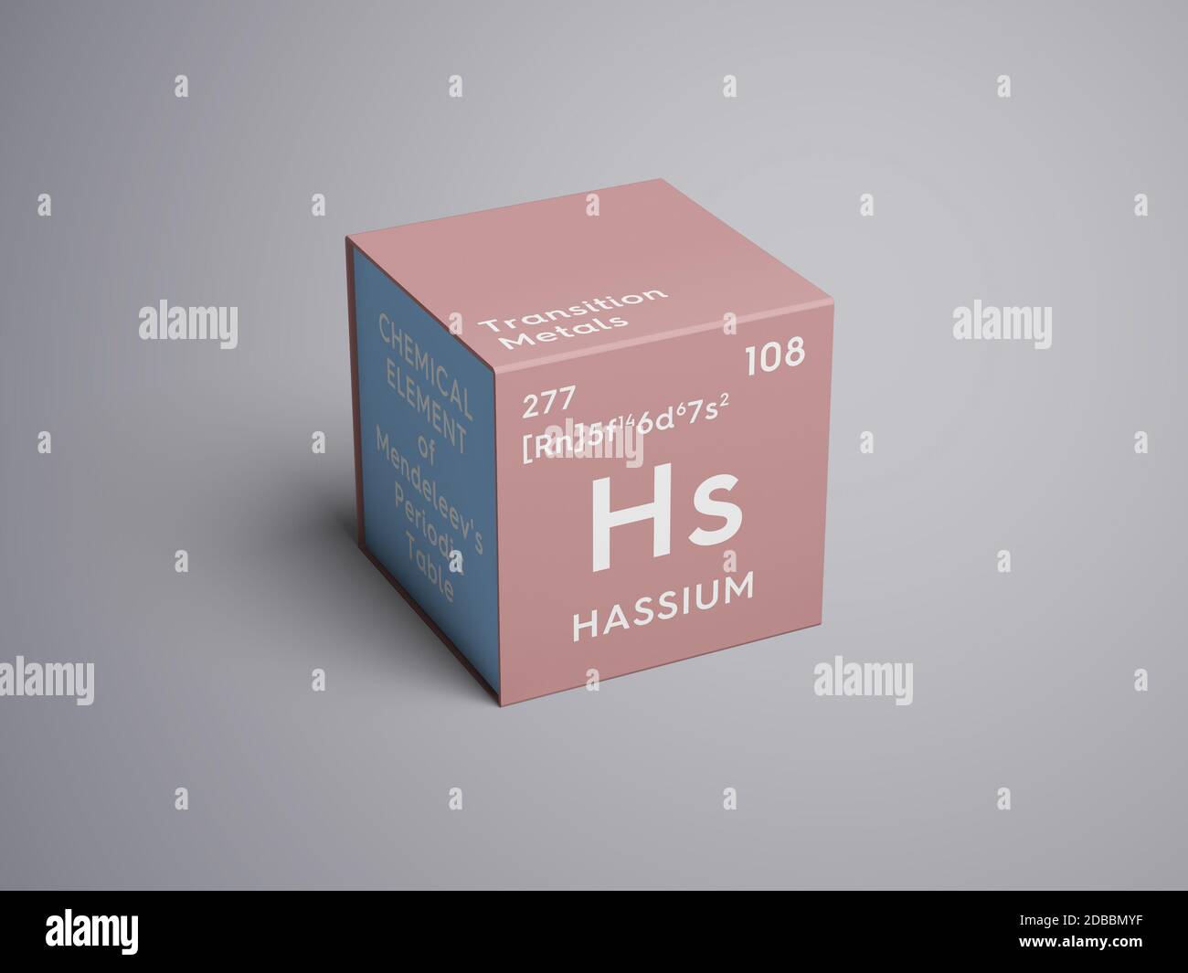 Hassium. Transition metals. Chemical Element of Mendeleev's Periodic Table. Hassium in square cube creative concept. 3D illustration. Stock Photo