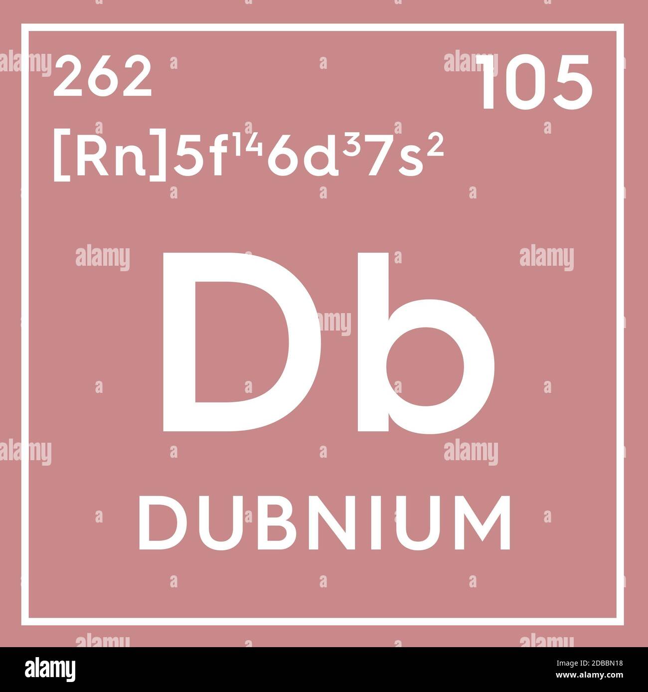 Dubnium. Transition metals. Chemical Element of Mendeleev's Periodic Table. Dubnium in square cube creative concept. 3D illustration. Stock Photo