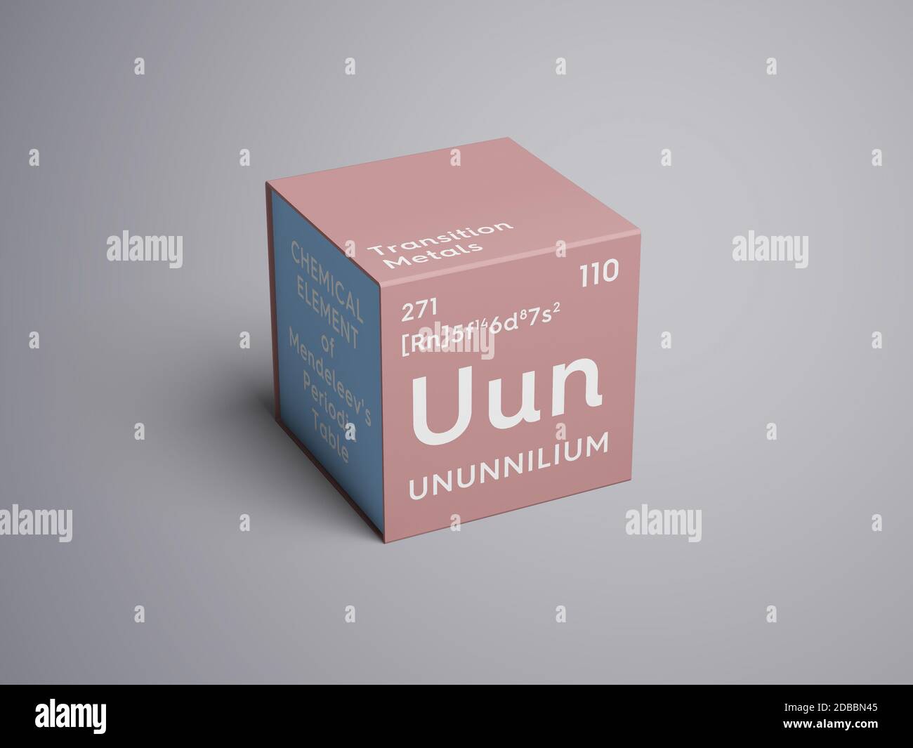 Ununnilium. Transition metals. Chemical Element of Mendeleev's Periodic Table. Ununnilium in square cube creative concept. 3D illustration. Stock Photo
