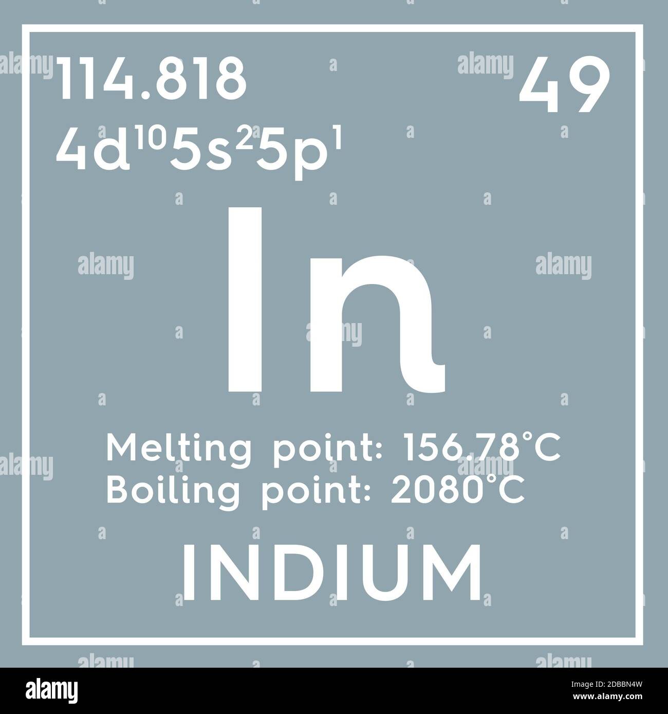Indium. Post-transition metals. Chemical Element of Mendeleev's Periodic Table. Indium in square cube creative concept. 3D illustration. Stock Photo