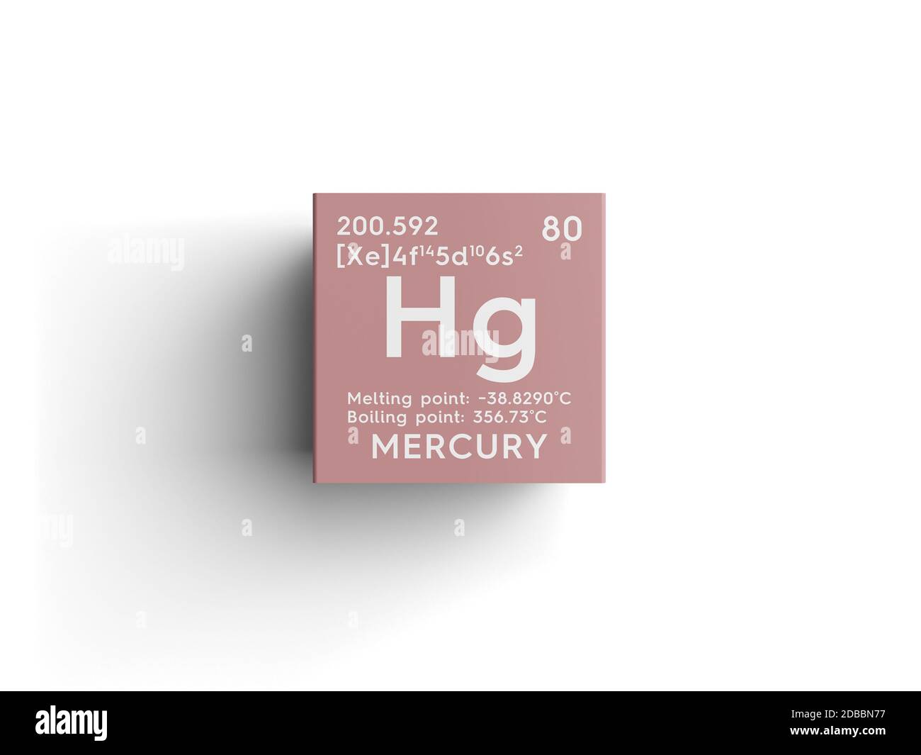Mercury. Transition metals. Chemical Element of Mendeleev's Periodic Table. Mercury in square cube creative concept. 3D illustration. Stock Photo