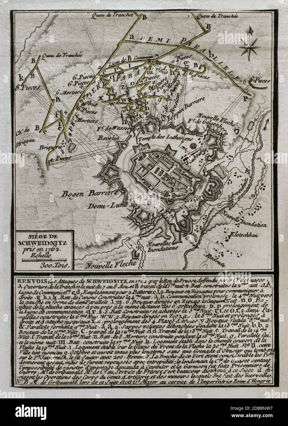 Sitio de Schweidnitz. Tuvo lugar entre el 7 de agosto y el 9 de octubre de 1762 durante la Tercera Guerra de Silesia, en el marco de la Guerra de los Siete Años. El ejército prusiano de Federico II asedió la ciudad en un intento de arrebatársela a la guarnición austríaca al mando de Franz Guasco. El 8 de octubre, una mina prusiana hizo explosionar el almacen de pólvora de la ciudad. Al día siguiente la ciudad capituló. Grabado publicado en 1765 por el cartógrafo Jean de Beaurain (1696-1771) como ilustración de su Gran mapa de Alemania, con los eventos que tuvieron lugar durante la Guerra de Lo Stock Photo