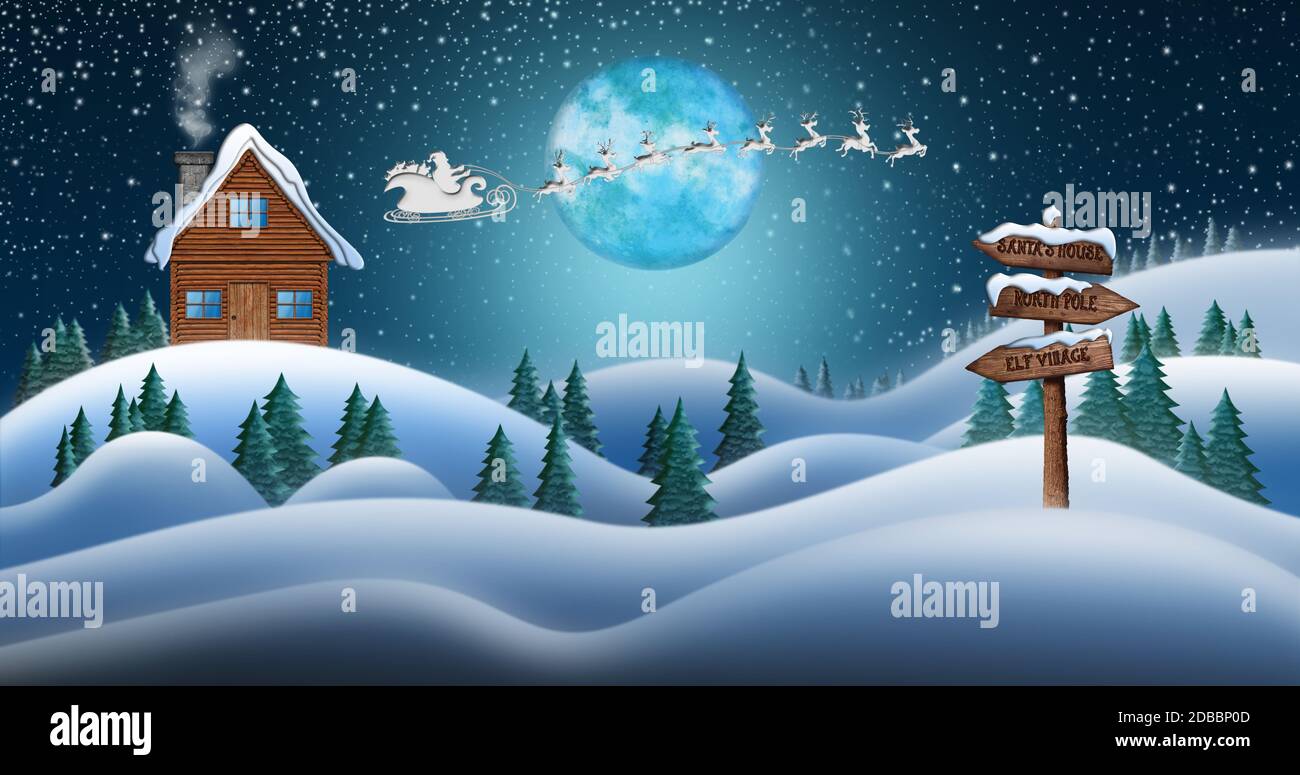 Santa Clause and Reindeers Sleighing Through Christmas Night Over the Snow Fields with Directional Sign Leading To Elf Village, North Pole and Santas Stock Photo