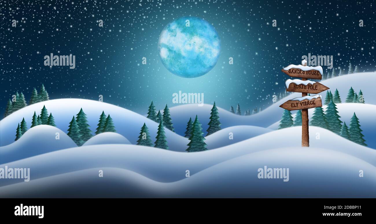 Christmas Night and the Snow Fields with Directional Sign Leading To Elf Village, North Pole and Santas House Stock Photo