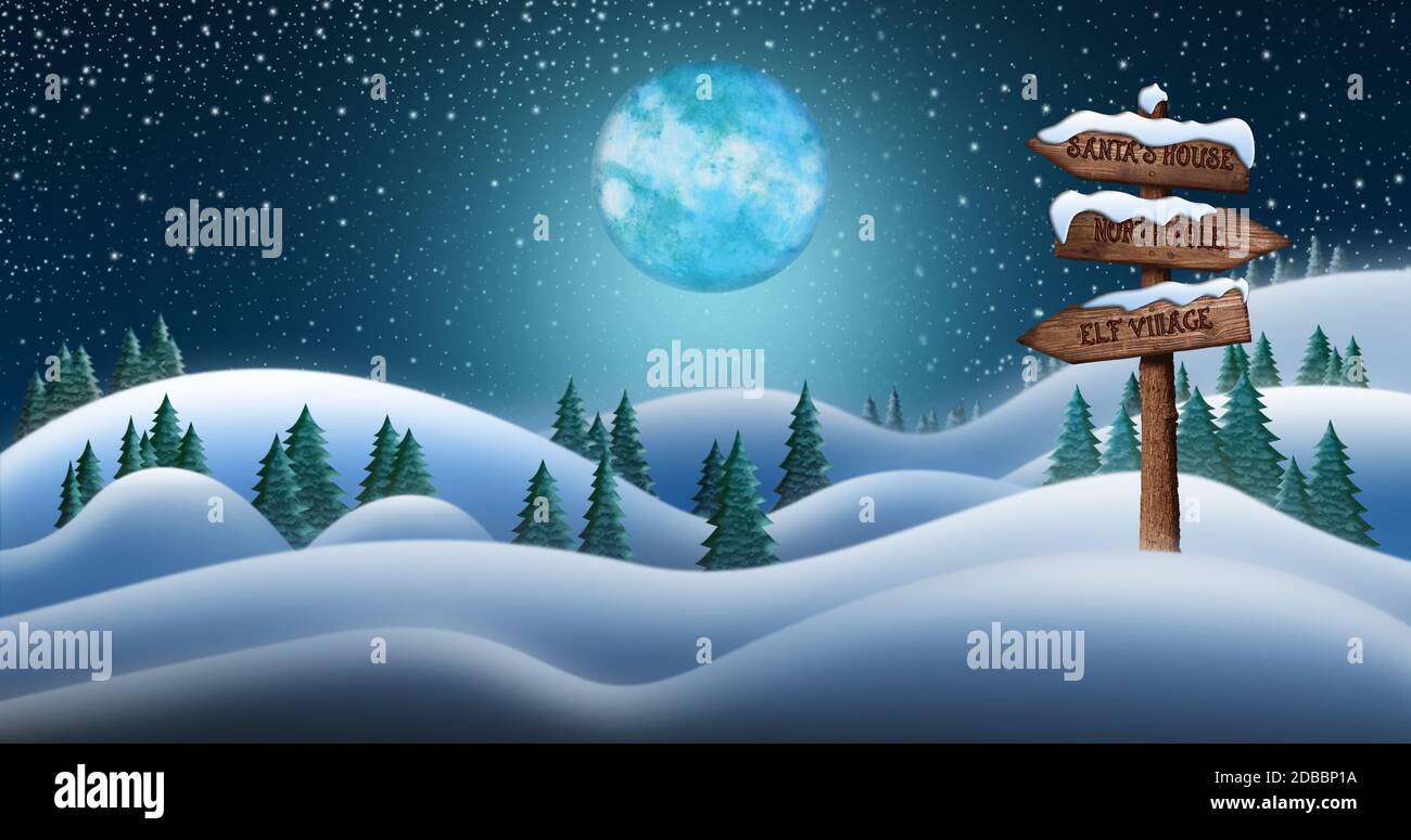 Christmas Night and the Snow Fields with Directional Sign Leading To Elf Village, North Pole and Santas House Stock Photo