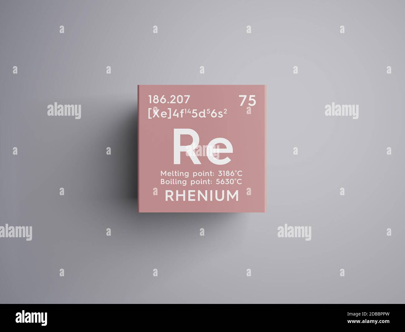 Rhenium. Transition metals. Chemical Element of Mendeleev's Periodic Table. Rhenium in square cube creative concept. 3D illustration. Stock Photo