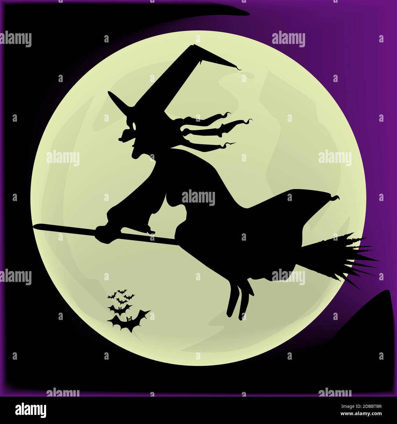 Silhouette of a witch on her broomstick flying across the full moon ...
