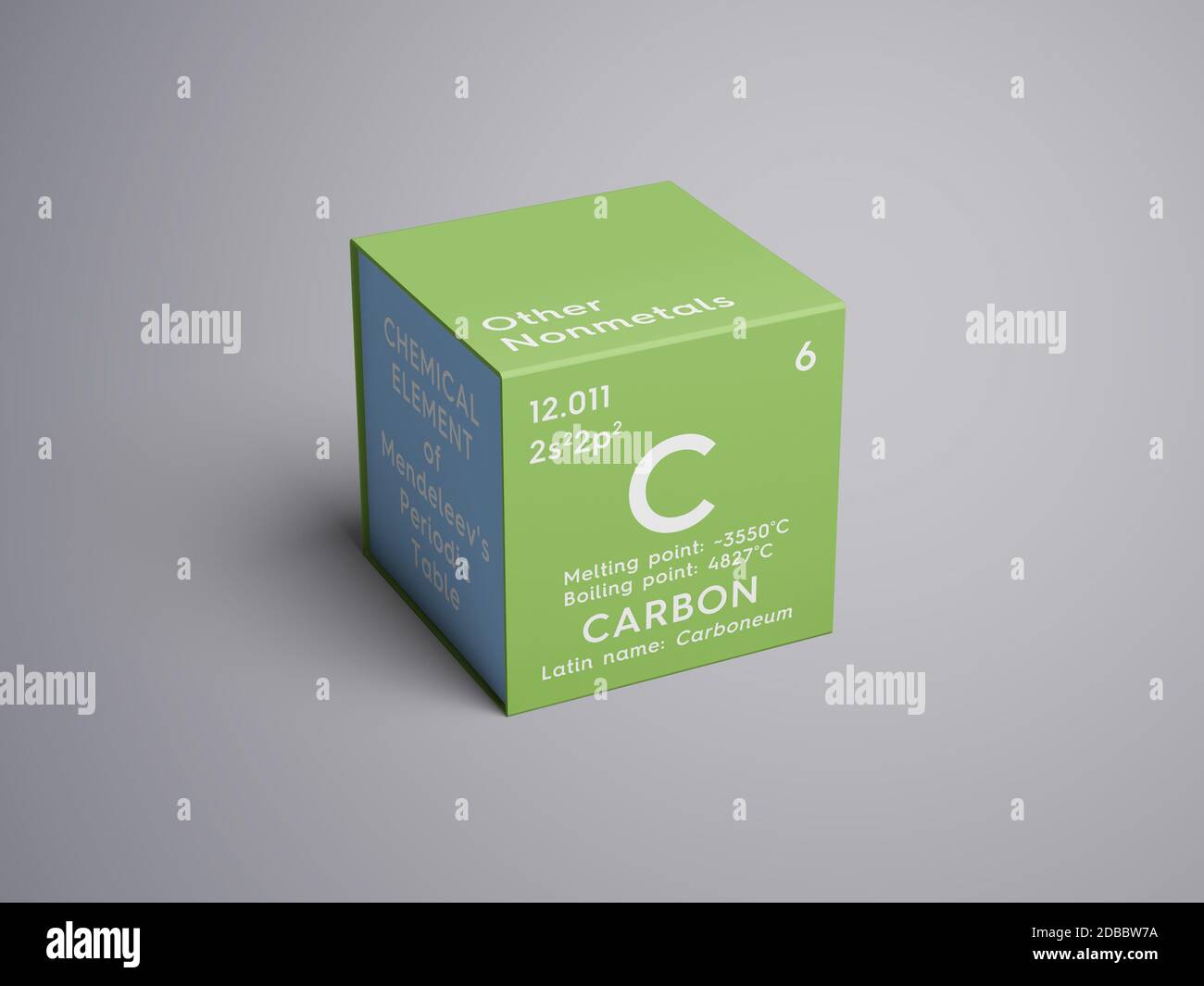 Carbon. Other Nonmetals. Chemical Element of Mendeleev's Periodic Table. Carbon in square cube creative concept. 3D illustration. Stock Photo