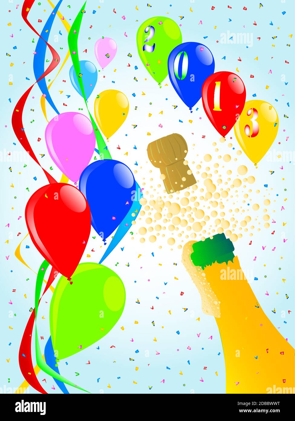 Multi coloured balloons, confetti and streamers, a party image Stock