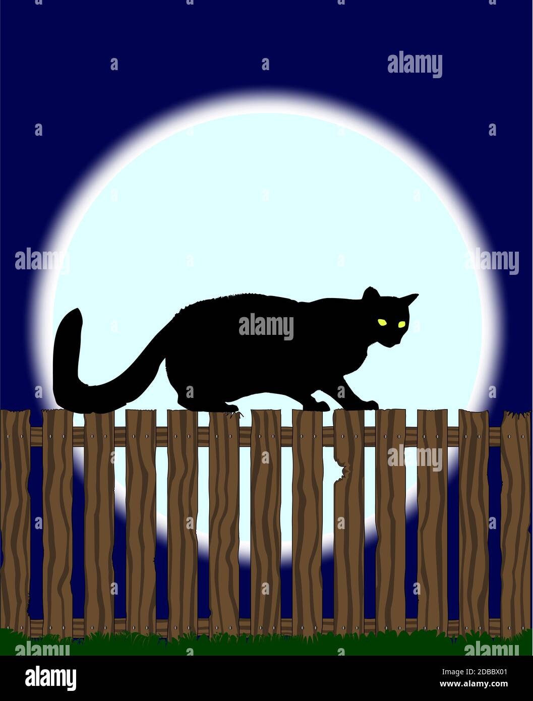 A large full moon with a cat sihouetted on a fence. Stock Photo