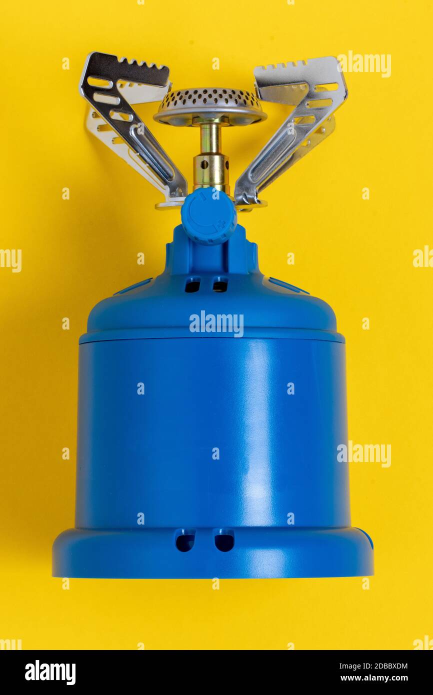 Camping and survival concept. Closeup of a blue Camping stove or gas