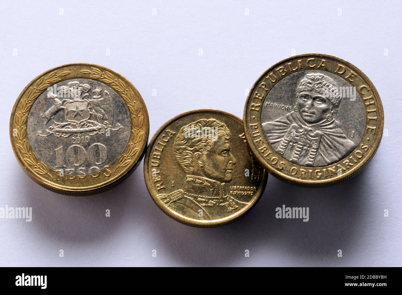 Coins of the Chilean peso in circulation. Stock Photo