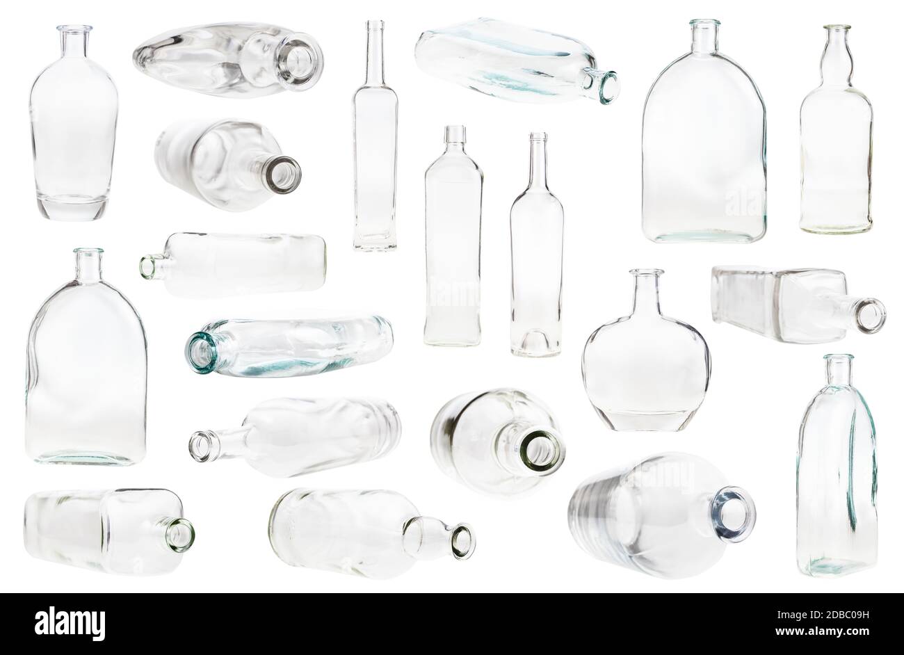 set of various empty clear bottles isolated on white background Stock Photo