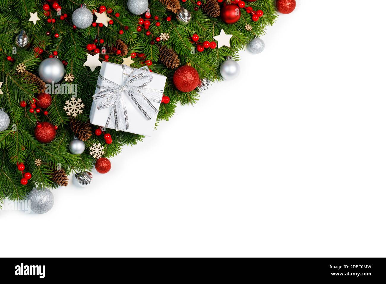 Christmas corner Border frame of tree branches isolated on white background with copy space