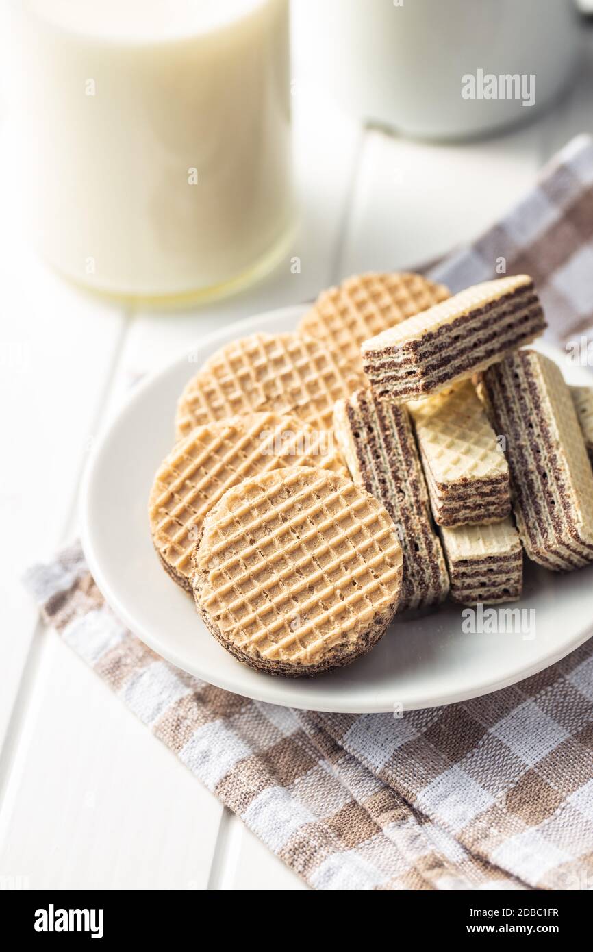 Sweet wafer biscuits on plate. Stock Photo