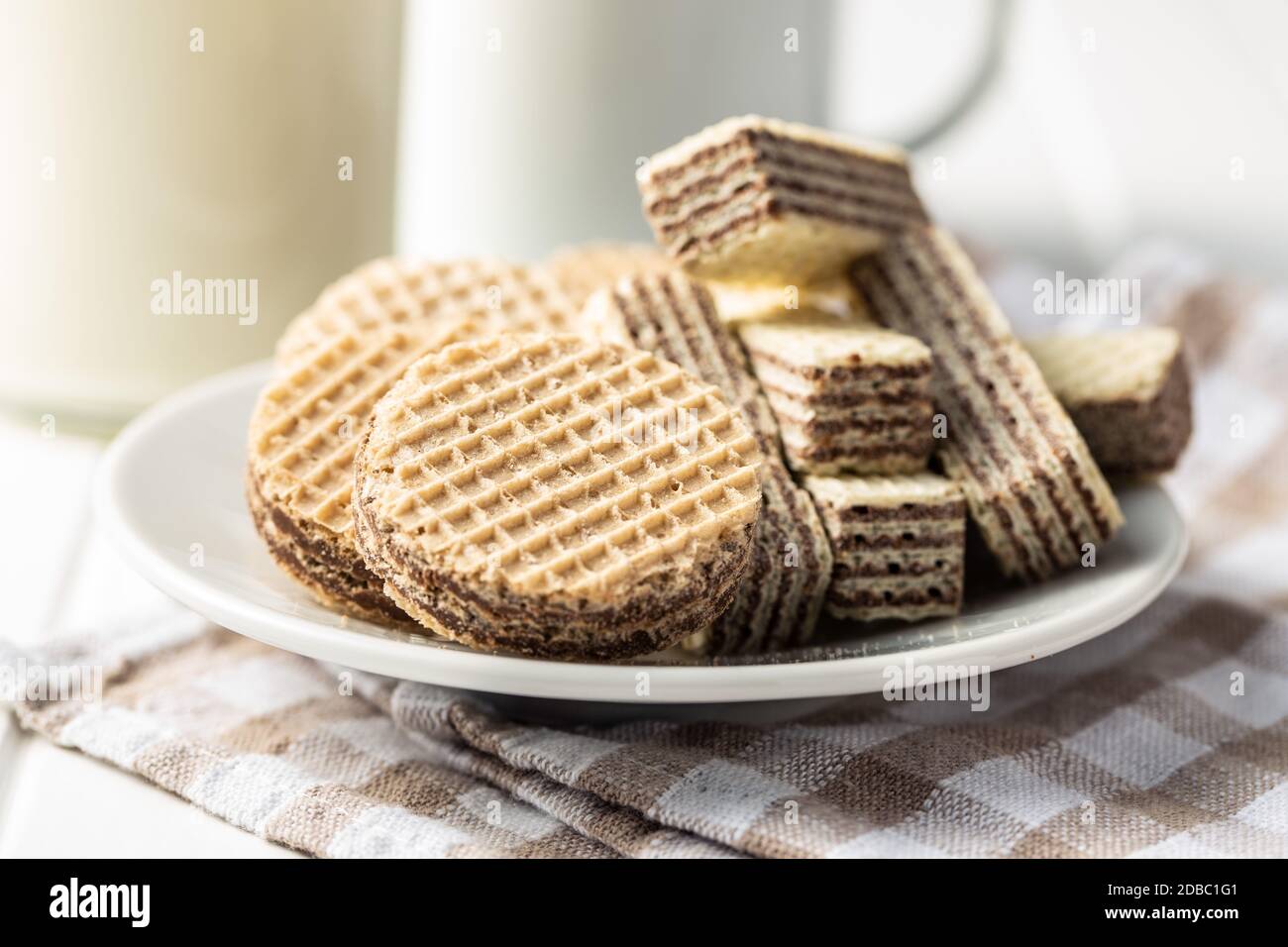 Sweet wafer biscuits on plate. Stock Photo