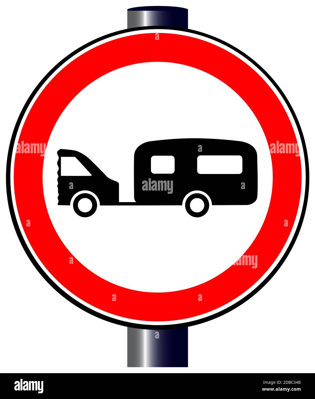 A large round red traffic displaying a car and caravan Stock Photo