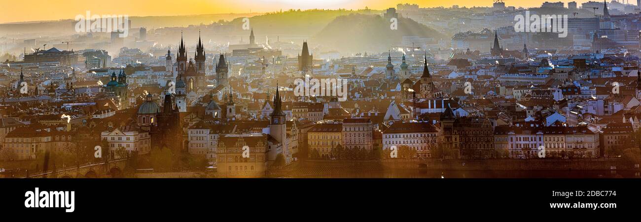 Panoramic view of the Prague Old Town in the morning haze Stock Photo
