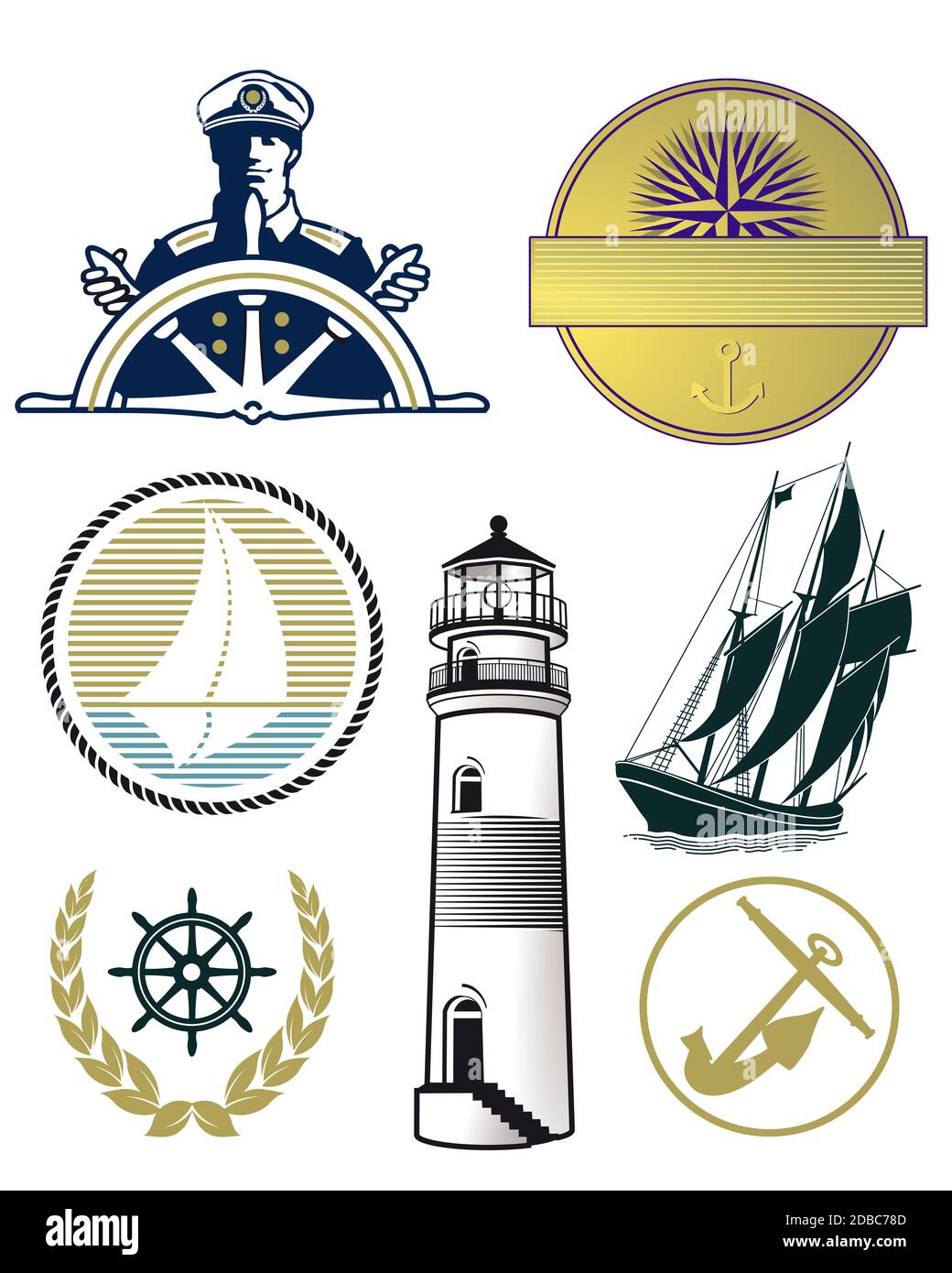 Set of marine, maritime and nautical symbols illustration Stock Photo