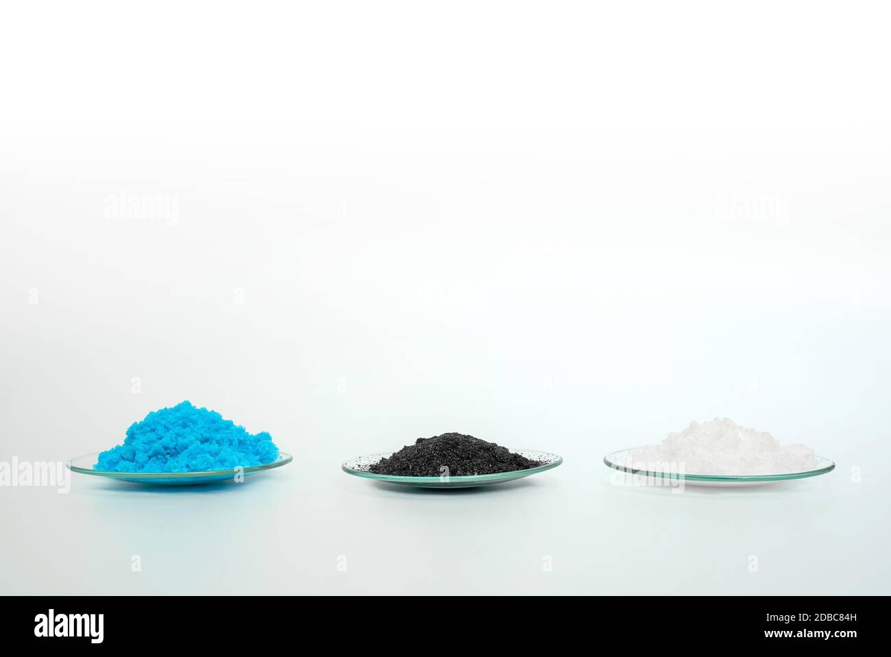 Cosmetic chemicals ingredient on laboratory table. Copper(II) sulfate, Potassium chloride