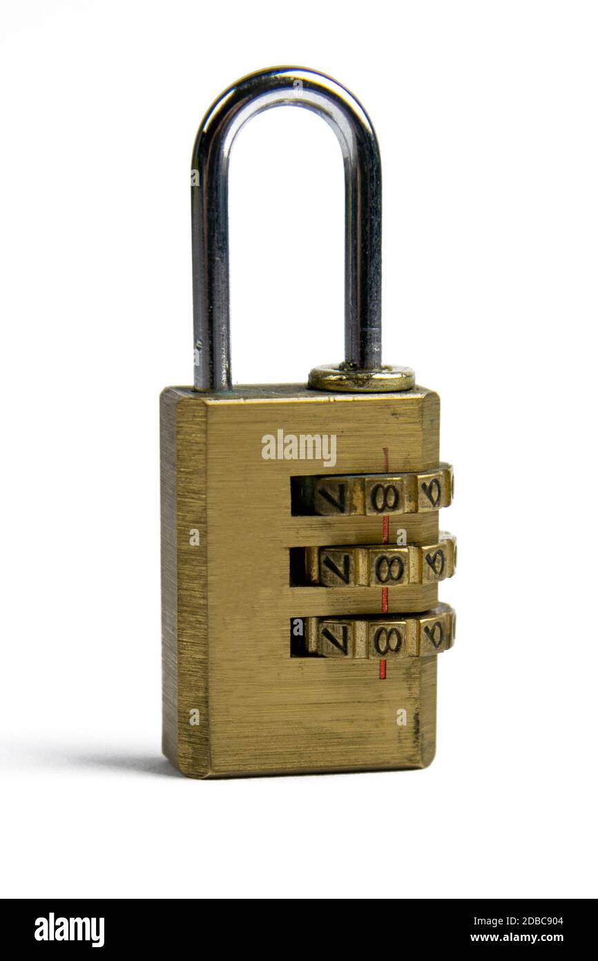 Macro of a locked padlockwith a code lock isolated on white background ...